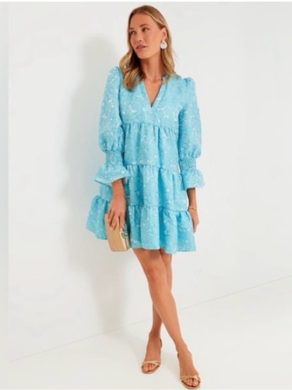 Tuckernuck Sky Blue Embroidered Tiered V-Neck Mini Dress